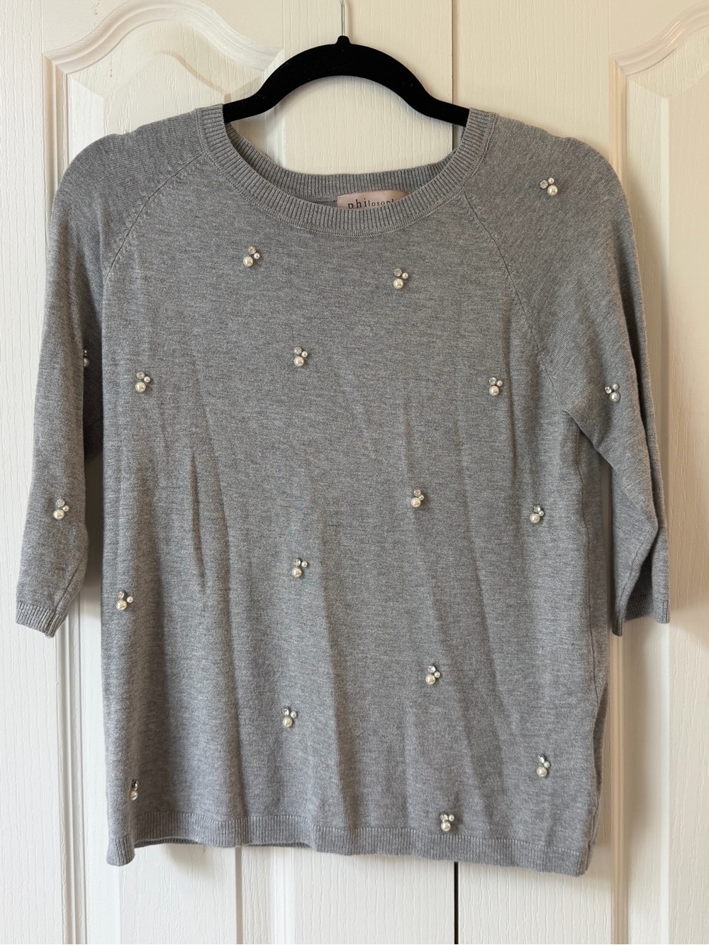 Philosophy Petite M Gray Pearl Rhinestone Embellished Sweater
